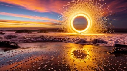 Stunning portal of light on a serene ocean beach during a vibrant sunset creates a magical landscape scene, perfect for fantasy or travel themes