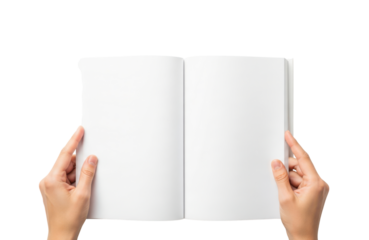 Hands holding open blank white book or notebook