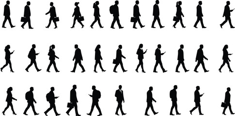 Silhouette of business people walking with briefcases and smartphones, diverse group of men and women, urban lifestyle, teamwork, communication, mobility