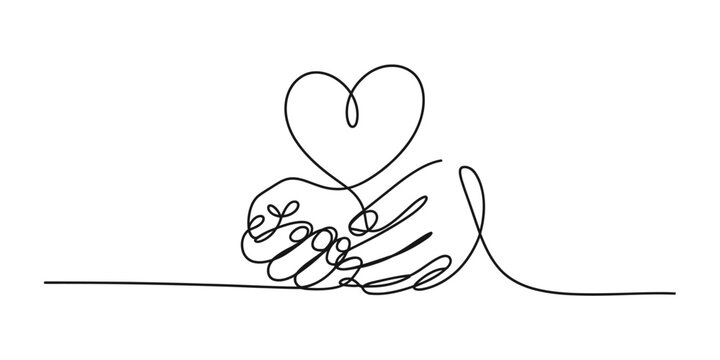 Continuous line art drawing of human hands gently holding a heart symbol. minimalist design illustrating concepts of love, care, unity, and support. Vector
