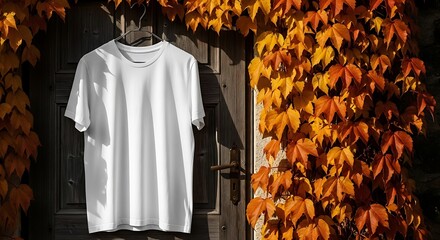 A plain white tshirt displayed on a hanger next to a wooden door, surrounded by vibrant autumn leaves in shades of orange and yellow