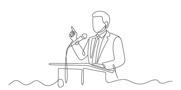 Continuous line drawing of a speaker in a suit giving a public address at a podium with a microphone, making an impactful point, presentation Vector