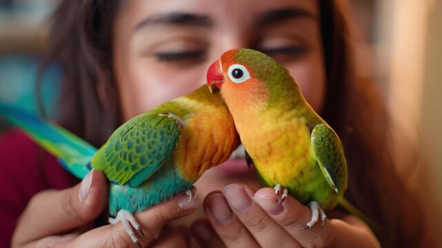 Woman holding two colorful lovebird parrots