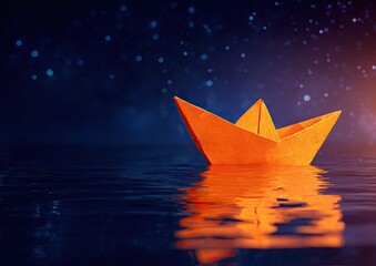 Orange paper boat floats on dark water under starry sky.