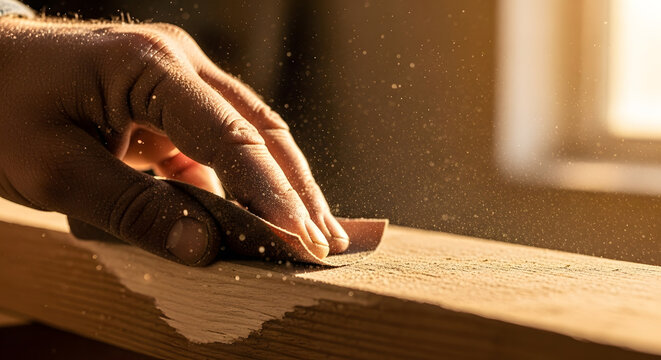 Hand sanding wood with sandpaper to smooth the surface, A craftsman's hand using sandpaper on wood, with dust particles floating in the air during the sanding process - Powered by Adobe