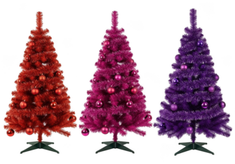 Three colorful artificial christmas trees, red, pink, and purple, decorated with baubles, isolated on transparent background