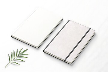 Two minimalist notebooks with a green leaf on a white background