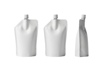 Three views of a blank white flexible pouch or doy pack with a screw cap, presented from front, side, and angled perspectives