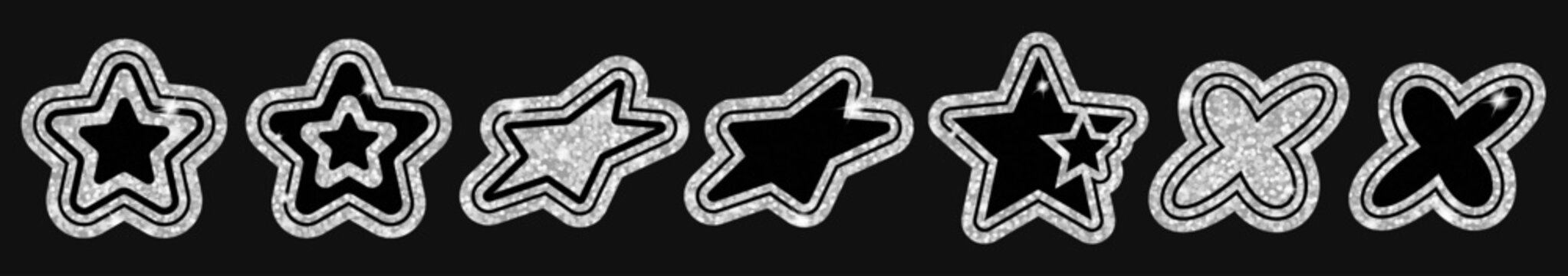 Y2K star sparkle bling stickers in silver glitter, glossy outlines and dynamic tilt. Retro 2000s icons for posters, branding, packaging, social media, merchandise, invites, web, app, ads, print, card.