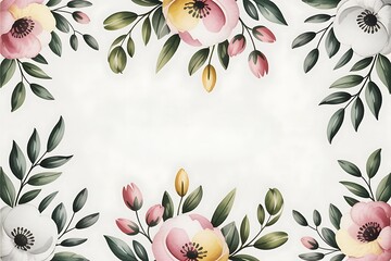 Watercolor floral frame with pink and yellow flowers