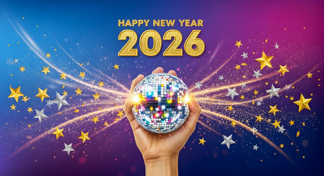 Hand holding a reflective disco ball with golden Happy New Year 2026 text overlay, surrounded by abstract glowing light trails, sparkles, and silver and gold stars on a blue and purple background. - Powered by Adobe