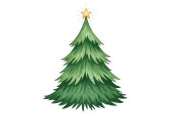 A beautiful watercolor illustration of a green christmas tree with a golden star on top, isolated on a transparent background