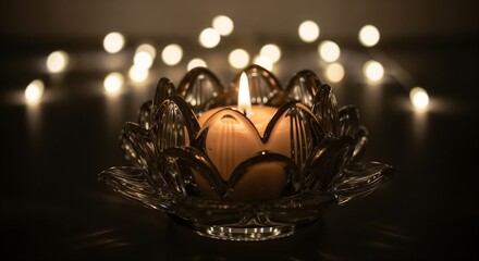 Candle in crystal lotus holder with warm lights for cozy ambiance
