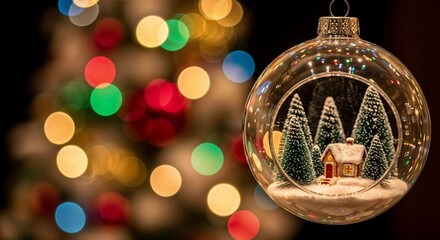 Christmas glass ornament with miniature house and snowy trees against colorful bokeh backdrop