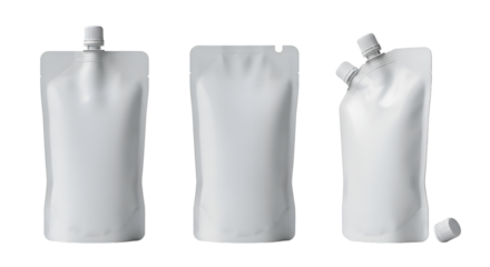 Three White Pouches with Spouts and Caps graphic design