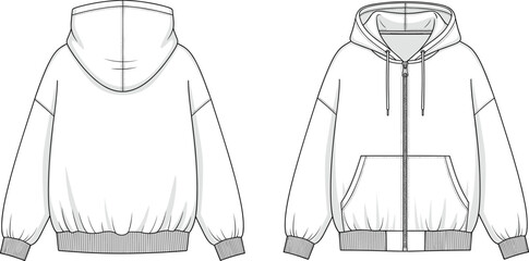 Hoodie flat sketch front and back, zip up sweatshirt illustration, kangaroo pocket design, fashion garment technical drawing, apparel clothing vector ©  FIROZ CONTRIBUTOR 