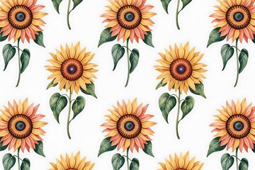 Watercolor sunflower pattern with green leaves