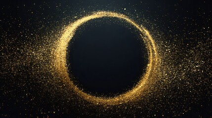 Golden glitter exploding around a black circle cutout on dark background. Abstract frame design for celebration or luxury. Festive border.