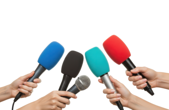 Multiple hands holding microphones for interview