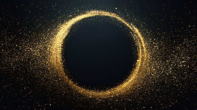 Golden glitter exploding around a black circle cutout on dark background. Abstract frame design for celebration or luxury. Festive border.