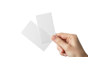 Hand holding two blank white rectangular cards