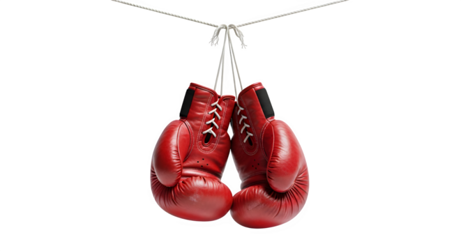 Red boxing gloves hanging on a rope for combat sport - Powered by Adobe