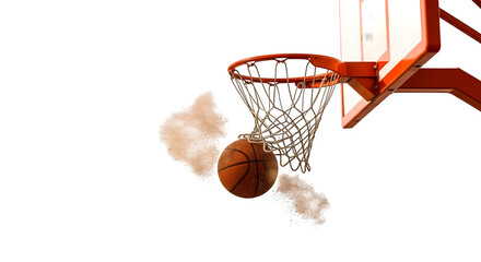 Basketball going through the hoop in a dynamic action shot