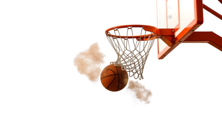 Basketball going through the hoop in a dynamic action shot