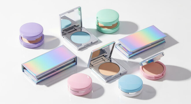 Cosmetic powder palettes and macaronshaped containers arranged on a white background beauty products for makeup and skincare isolated