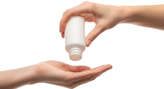 Hand pouring pills from bottle into open palm medicine
