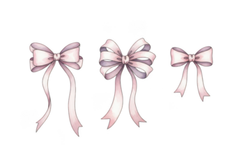 Collection of three delicate pink satin ribbon bows, elegantly tied and isolated on a clean transparent background