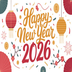 Happy New Year 2026 greeting. Beautiful handwritten quote. Confetti, Celebration, Greetings, Chinese New Year. Poster, card or banner. Vector isolated on white background




