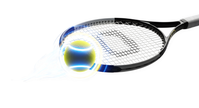 Tennis racket hitting a ball with blue light trails