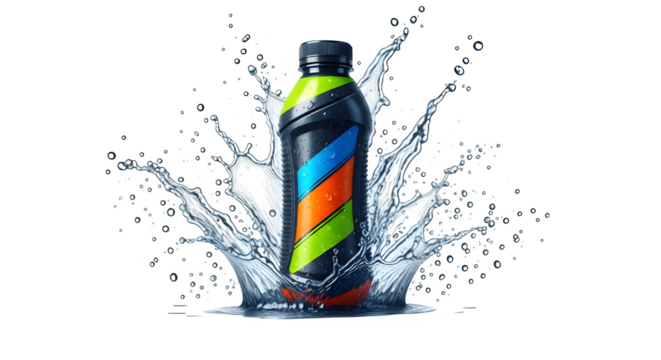 A colorful bottle of energy drink surrounded by water splash