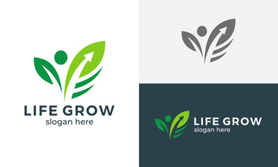 Life growth logo design template illustration. Happy people concept vector design with leaf nature and arrow icon graphic symbol