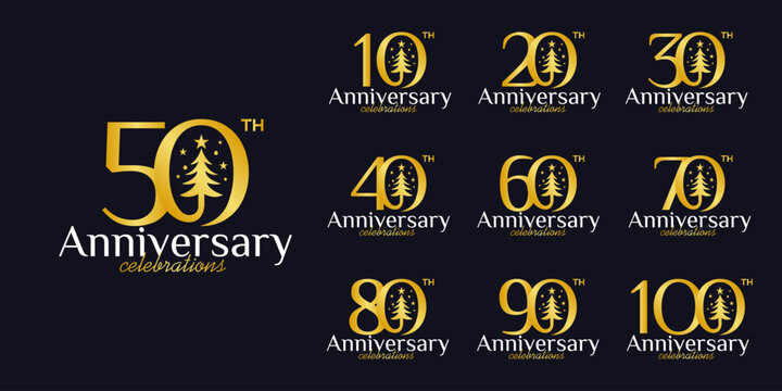 Set of a 10 to 100th Anniversary logotype design with Christmas tree vector illustration. Symbol icon for celebration moment Christmas and new years, wedding, greeting card, and invitation.