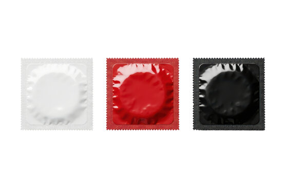 Three individually wrapped condoms in white, red, and black packaging