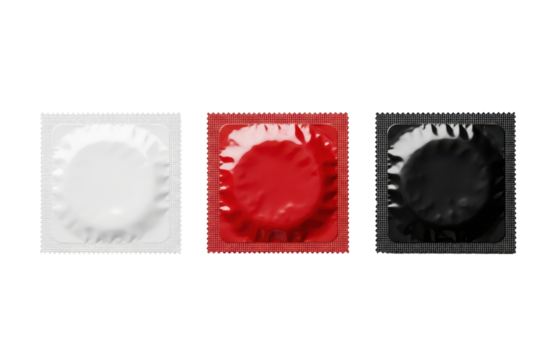 Three individually wrapped condoms in white, red, and black packaging