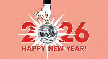 Vintage retro illustration for Happy New Year 2026 with a suit-clad hand holding a silver disco ball, framed by a starburst and set against a salmon pink background.