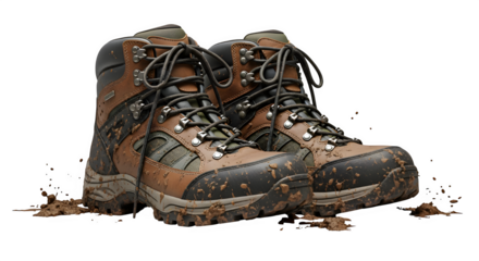 Pair of muddy hiking boots, , ready for outdoor adventure