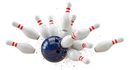 Bowling ball crashing into pins, , for a perfect strike shot