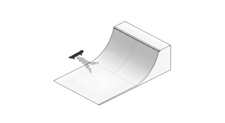 Isometric illustration of a skateboarder performing a trick on a halfpipe