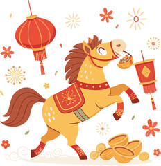 Cartoon vector background for the 2026 Chinese New Year of the Horse, featuring a Zodiac horse holding a sycee ingot on white background




