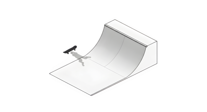 Isometric illustration of a skateboarder performing a trick on a halfpipe