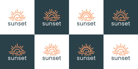 Set of a sunset logo design template illustration. Sun concept vector design with minimalist line style icon graphic symbol