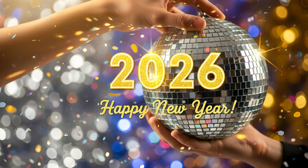Festive hands hold a shiny silver disco ball with golden 2026 text and "Happy New Year" overlay against a vibrant, glittering bokeh party background