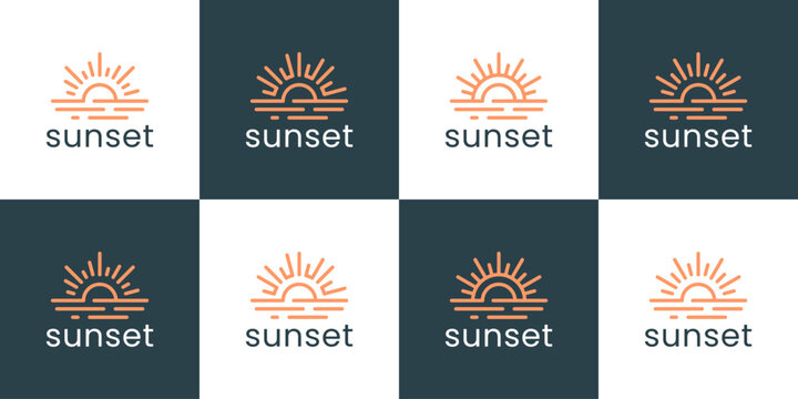 Set of a sunset logo design template illustration. Sun concept vector design with minimalist line style icon graphic symbol