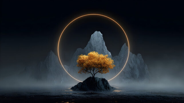 Surreal minimalist landscape with jagged gray mountains and vibrant tree in blue hue