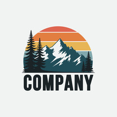 Outdoor adventures. Mountains touristic logo or emblem design vintage illustration.