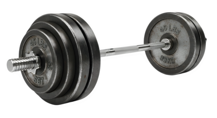 A barbell with weights is displayed in a studio shot